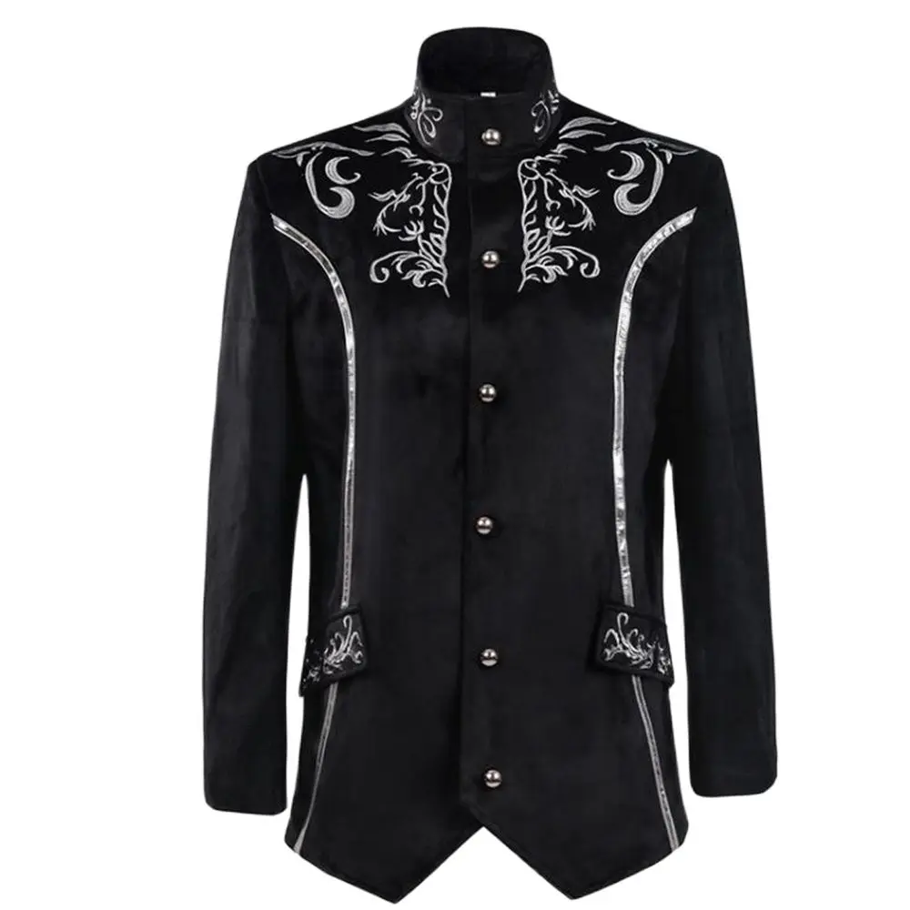 

Black Men Steampunk Jacket Embroidery Retro Vintage Gothic Military Blazer Overcoat Victorian Coat Performance Costume Outerwear