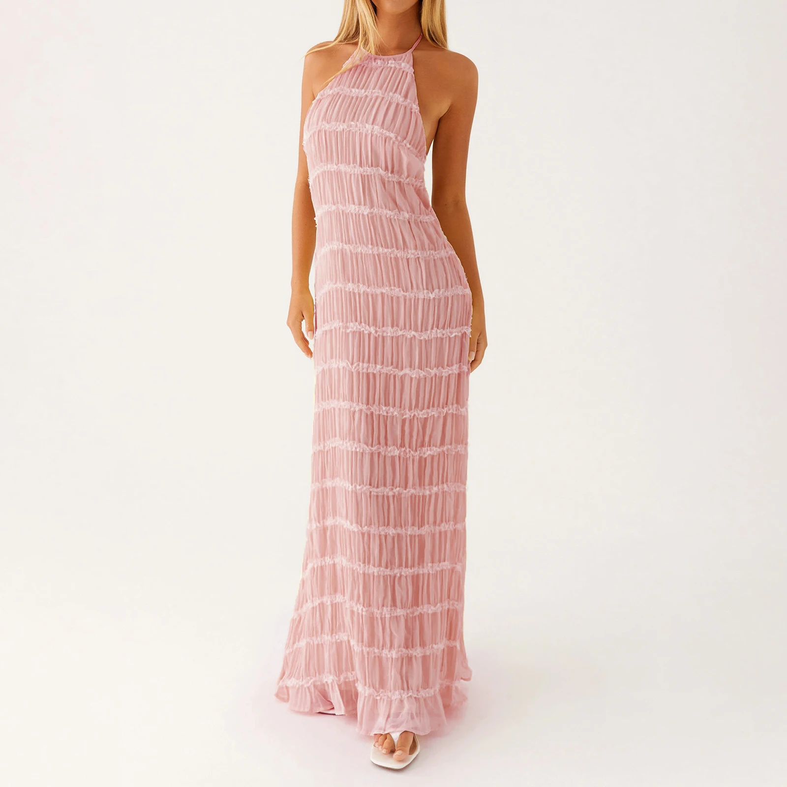 Women Halter Neck Maxi Dress Sleeveless Lace Tiered Smocked Long Dress Sexy Backless Party Vacation Beach Sundress