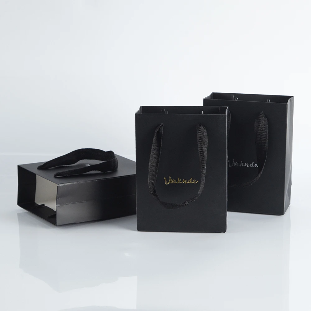 24 Luxury Black Paper Gift Bag Custom Logo Print Paper Tote Packing Bag For Gift With Ribbon Handle Jewelry Box Packaging Bags