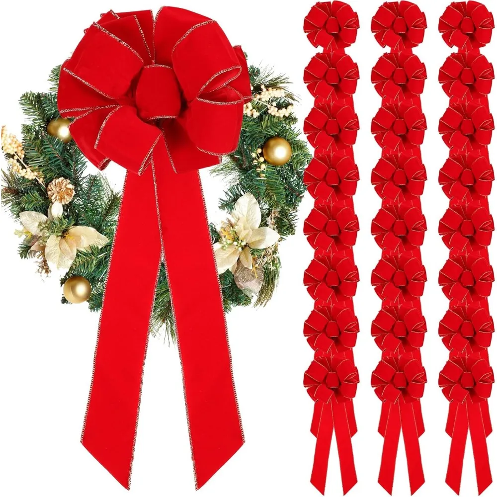 

Large Christmas Bow 10"x 26" Handmade Big Red Velvet Ribbon Outside Christmas Wreath Bow Christmas Tree Topper(24 Pcs)