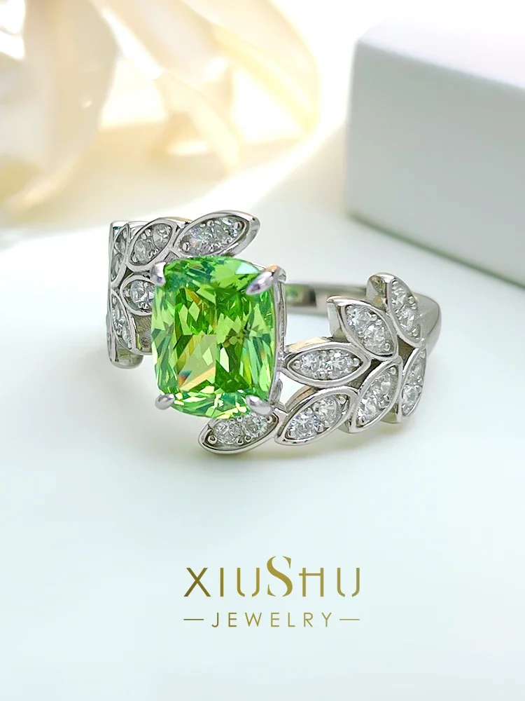 Light Luxury Leaf Apple Green 925 Silver Small Fresh Ring High Carbon Diamond  Design Versatile Fashion