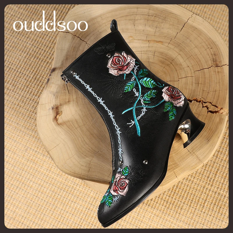 Ods Fashion Rero Ethic Pointed Toe Ankle Boot Genuine Leather Flower Embroidery Ladies Crystal High Heels Zip Boot Luxury Shoes