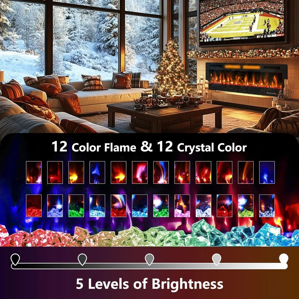60" Ultra-Thin Electric Fireplace in-Wall Recessed,12 Flame & Ember Colors, Touchscreen/Remote Control