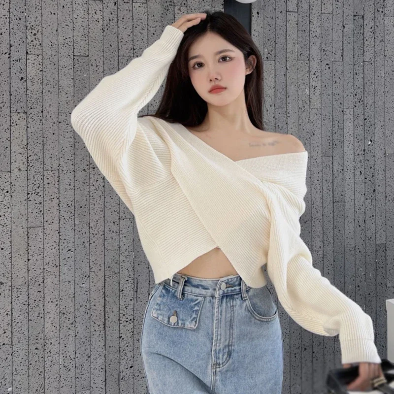 Autumn Elegant Women Loose Sweater Solid Color Knitted Long Sleeve Crossover Design V-Neck Casual Bottoming Shirt Crop Tops