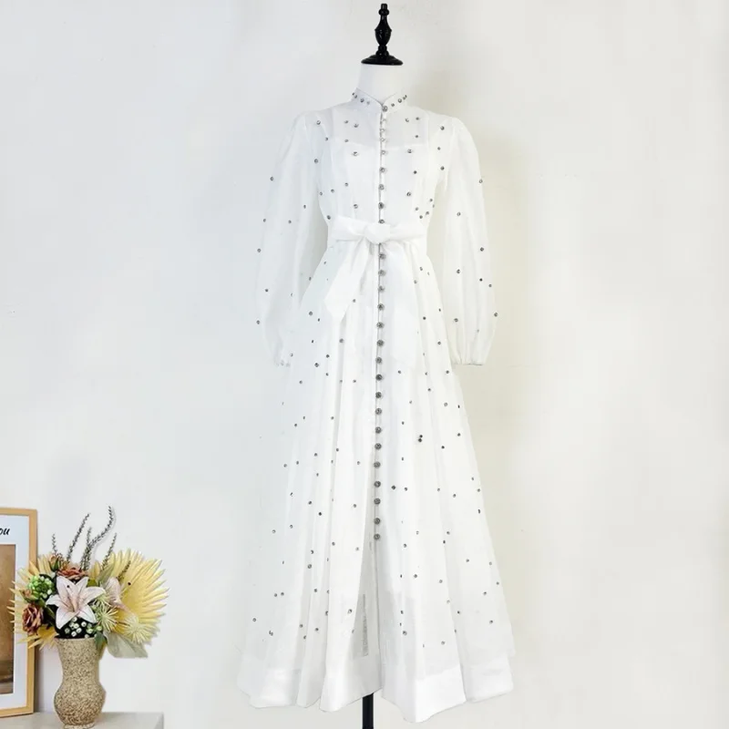 Real Shot Spot 2025 Spring Summer European And American High-Grade Luxury-Embedded Stand-Up Collar Puff Sleeve Singl