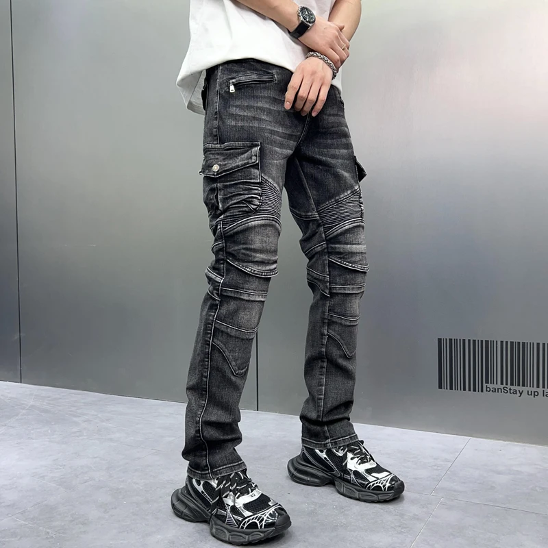 2024 personalized fashion premium black men's loose jeans slim fit heavy duty vintage wash men's street biker denim pants