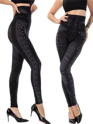 LJCUIYAO-Leggings de mezclilla de imitación para Mujer, Jeggings elásticos, pantalones de lápiz informales con estampado, cintura alta, sin costuras, envío directo