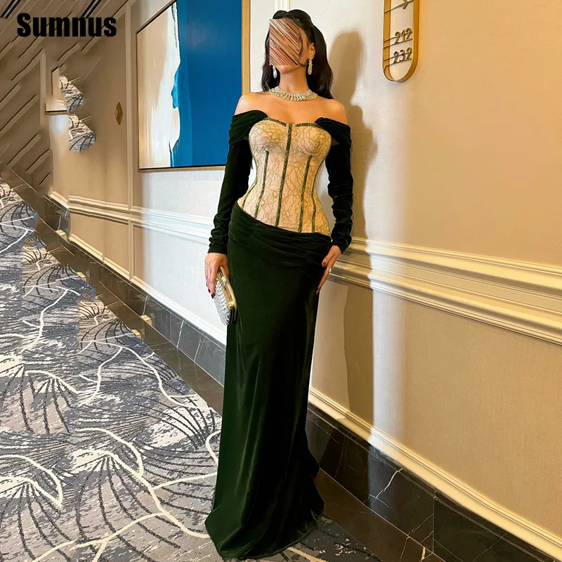 

Sumnus Elegant Mermaid Prom Dresses Green Velvet Lace Off Shoulder Full Sleeves Evening Dress فساتين سهرات Customized