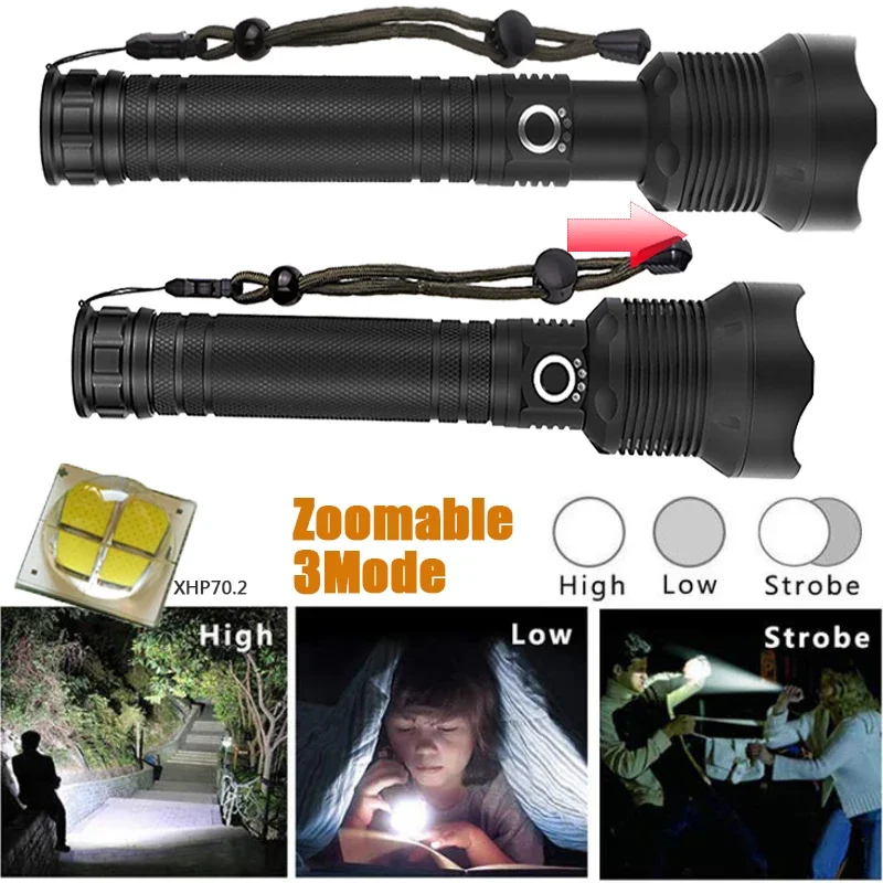 most powerful flashlight 50000 Lumens Lamp xhp70.2 usb Zoom led torch xhp70 xhp50 18650 or 26650 battery for Outdoor Camping