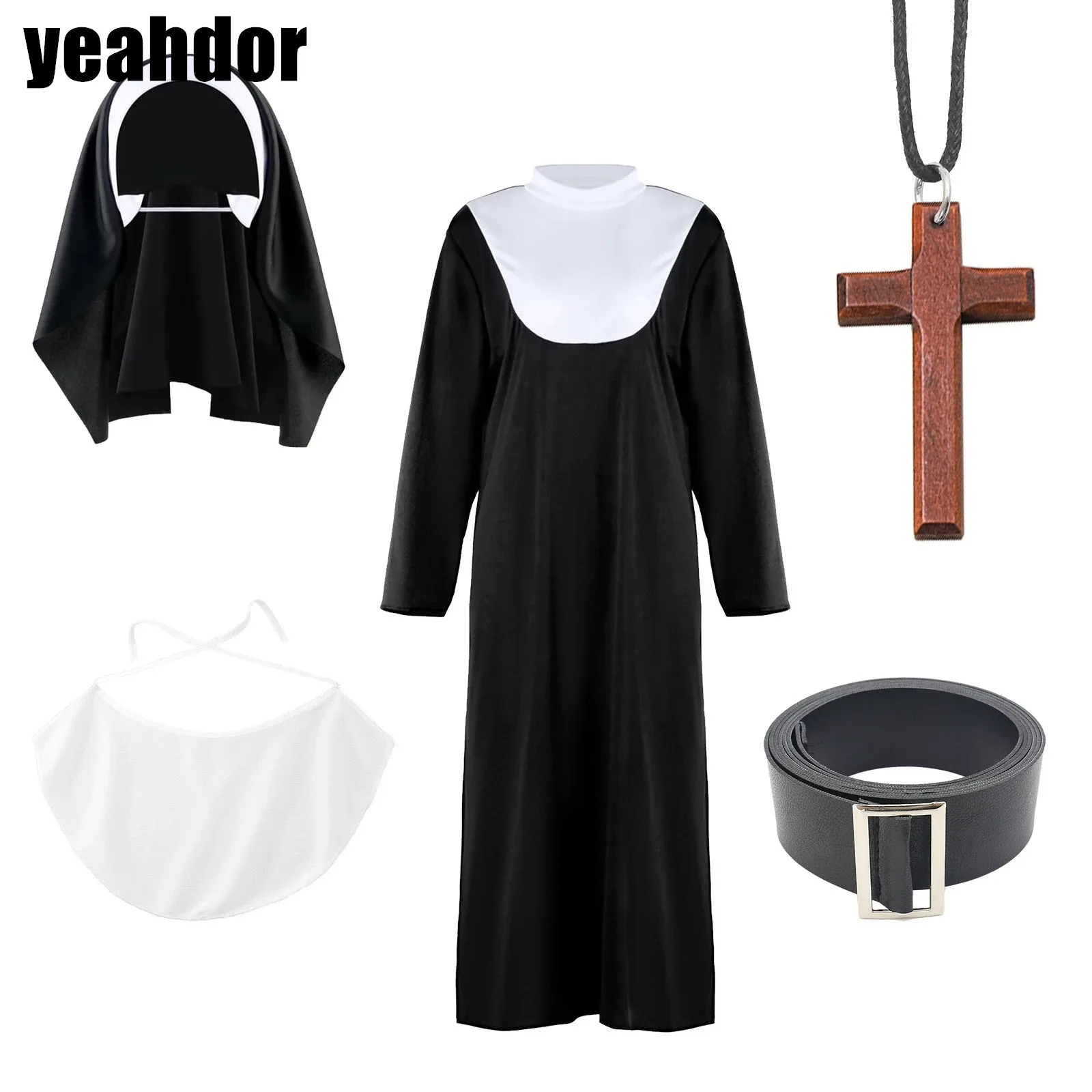 Medieval Nun Priest Clothes Scarf Bib Cross Necklace Belt Stockings Suit Costume Accessories for Festivals Halloween Party