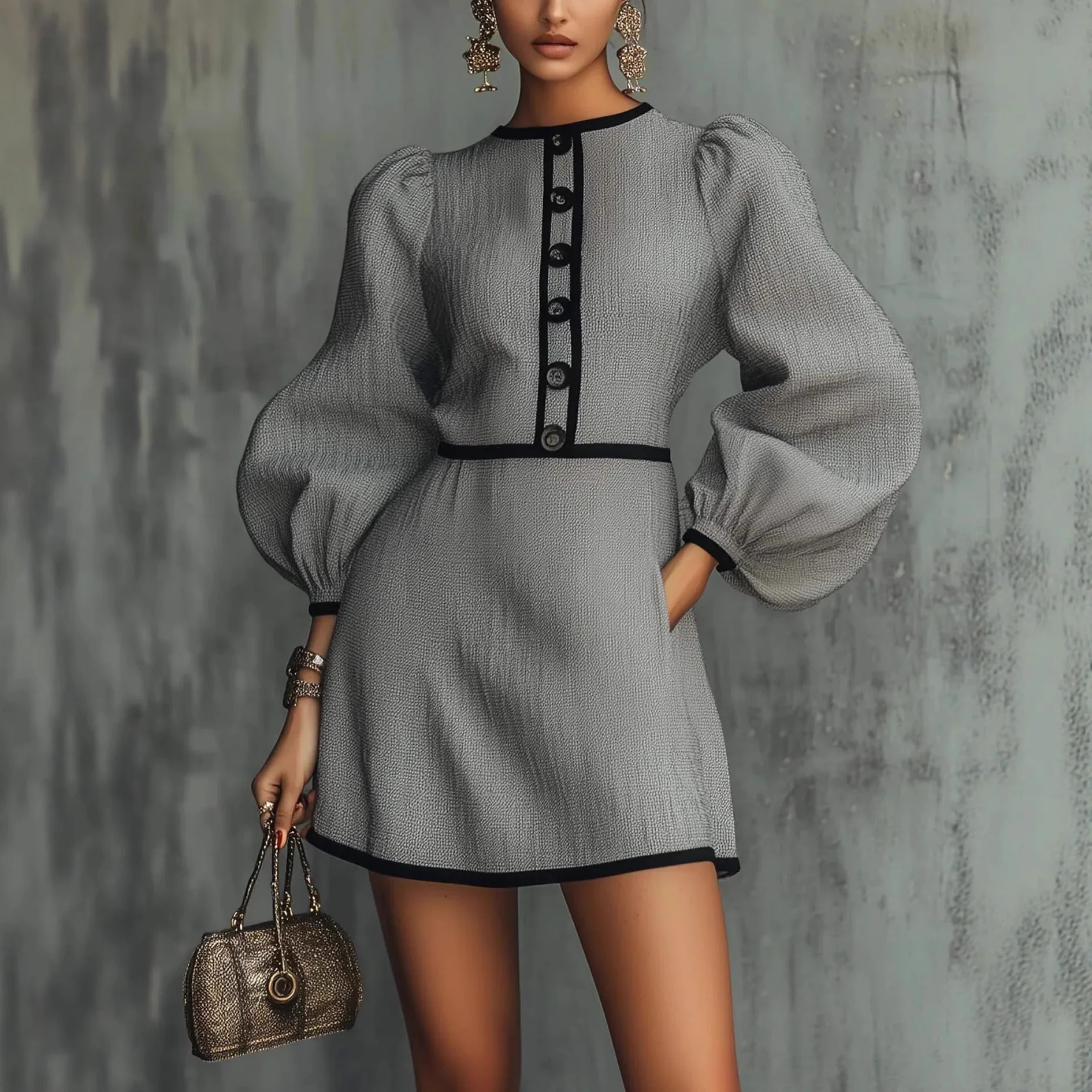 

2026 Slim Mini Dress Women's Elegant Lantern Sleeve Round Neck Button-Down Dress Spring Fall Office Commuting A-Line Dress