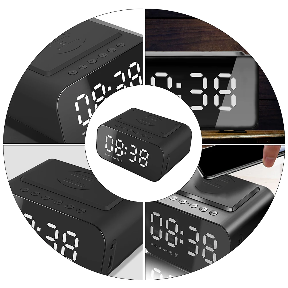 

Wireless Clock LED Display Digital Alarm Bedroom Speaker Alarm Clock Office School Travel Charging Stereo Bass