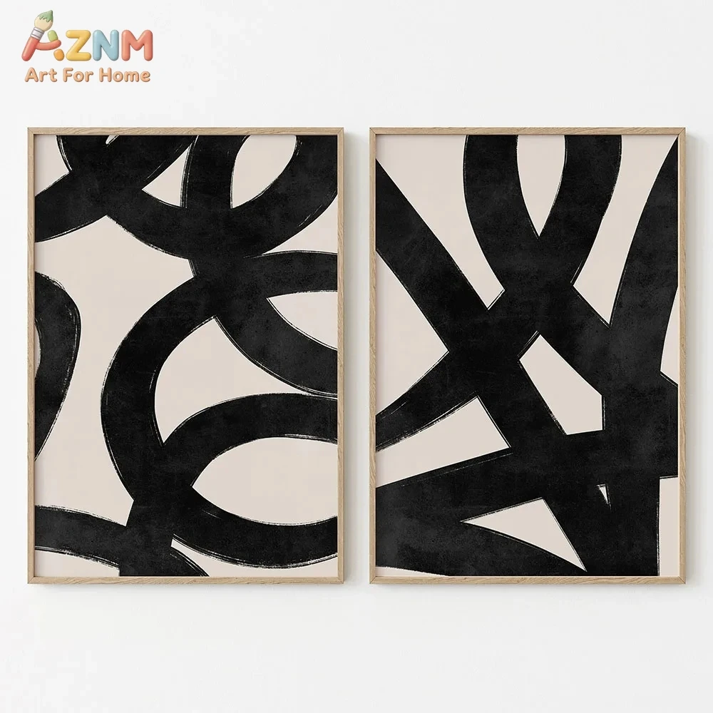 AZNM Minimal Black Beige Abstract Line Canvas Wall Art, Modern Geometric Brush Stroke Neutral Aesthetic Home Room Wall Decor Unf