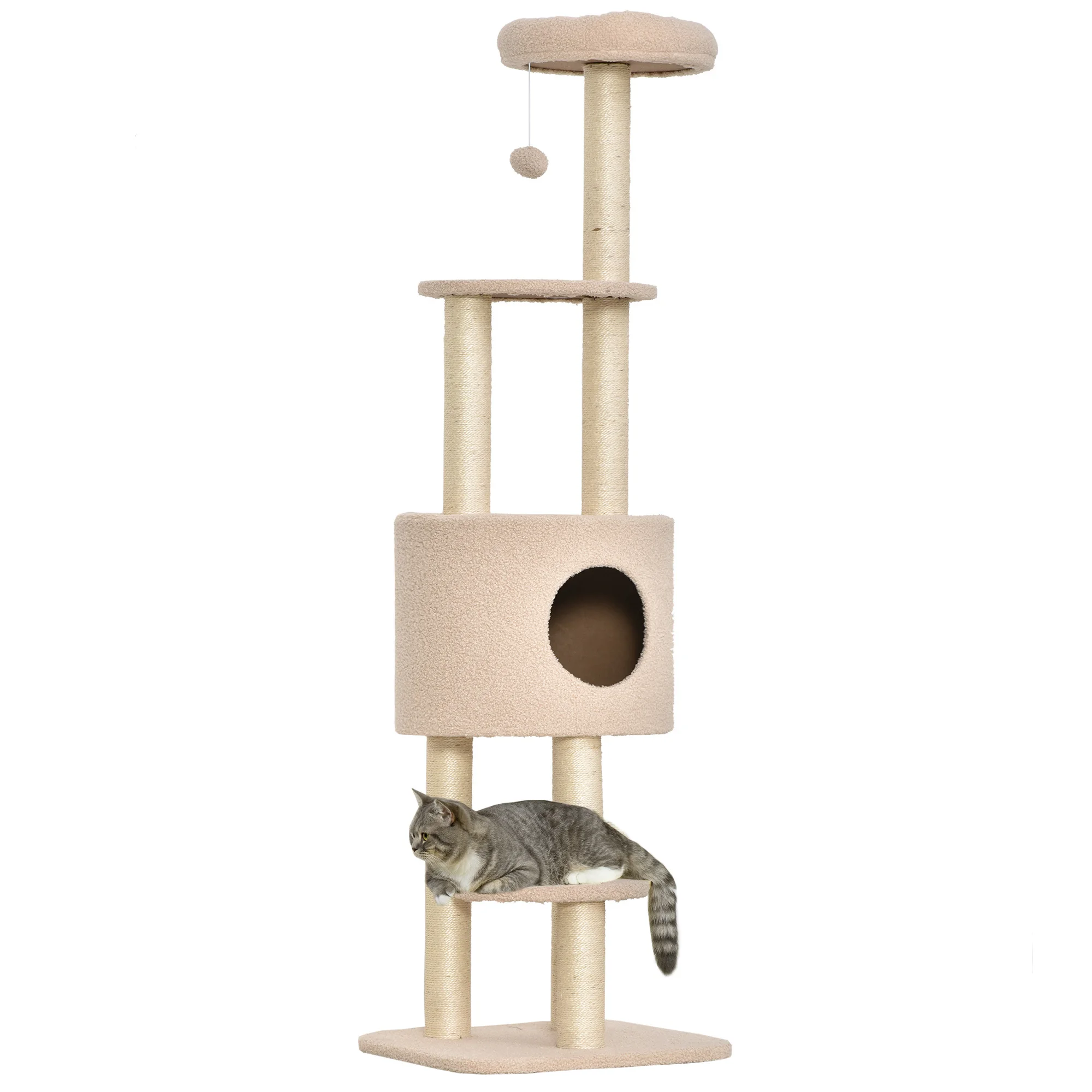 PawHut PawHut Arbre à chats avec griffoir arbre à grimper pour chat niche et plate-formes peluche haute densité 148 cm beige