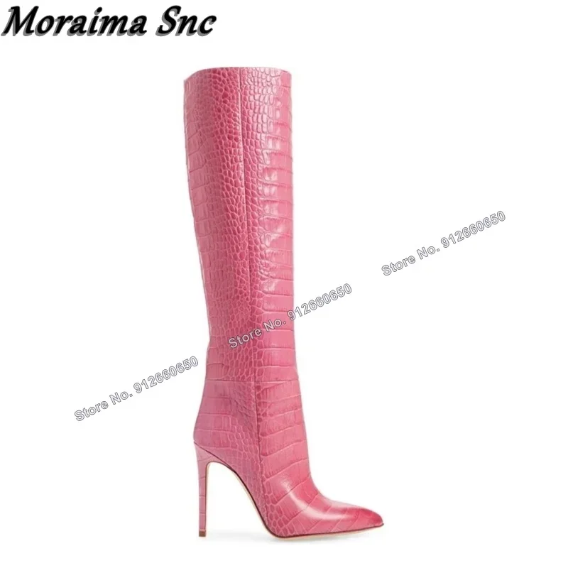 모라이마 Snc 핑크 스톤 프린트 니하이 부츠 여성용 포인티드 토 솔리드 슬립온 부츠 스틸레토 하이힐 런웨이 슈즈