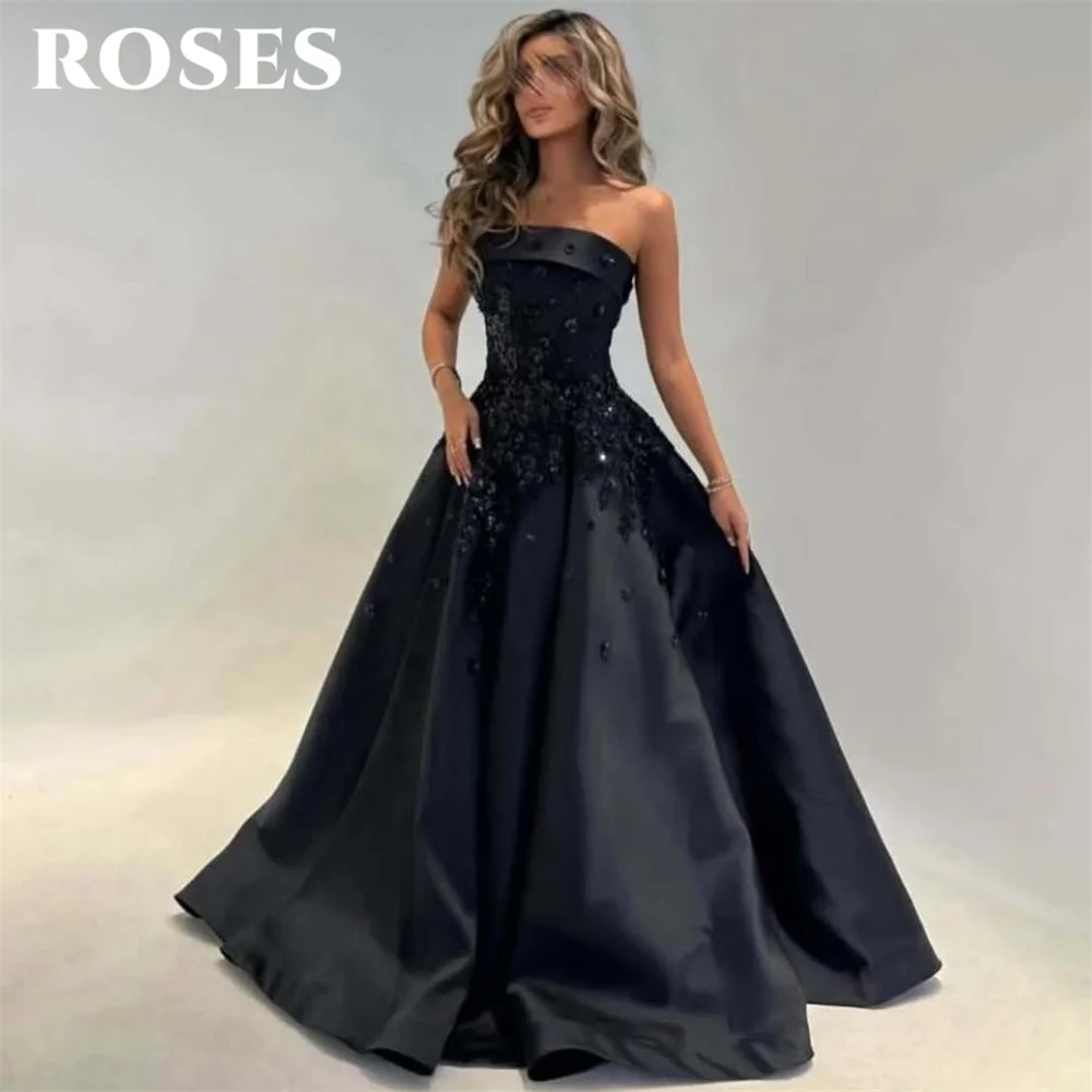 

ROSES Black Formal Dress Stain Strapless Party Dress Saudi Arabia Sleeveless Sequins A-Line Occasion Dress فستان سهرة C