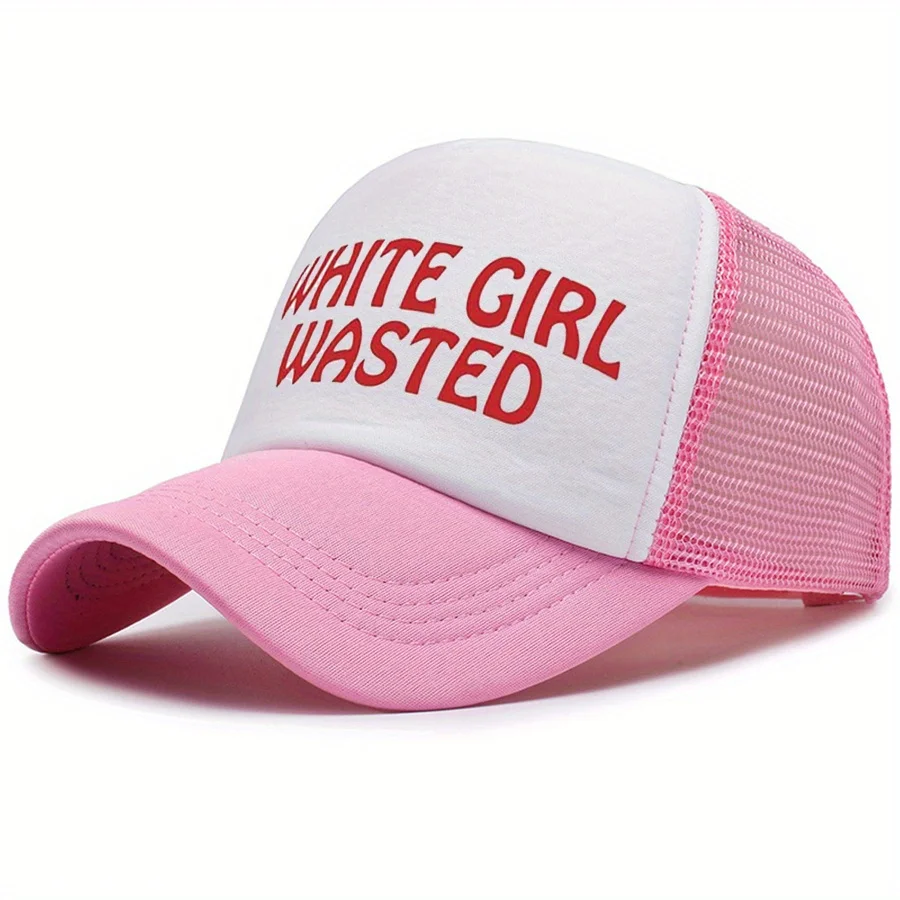 White Wasted Bold Letter Print Baseball Cap Adjustable Lightweight Polyester Trucker Hat with 6 Color Options (Red/Yellow/Blue
