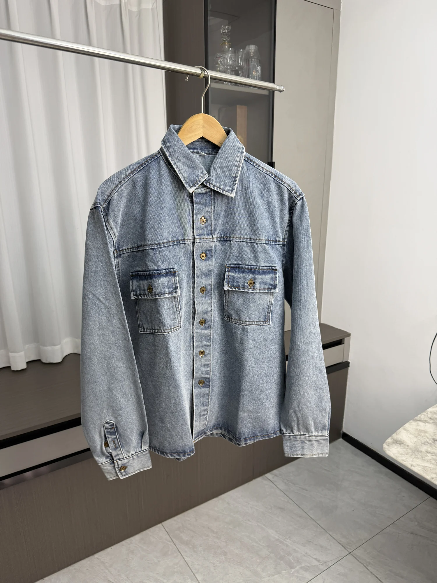 Washed out Vintage Denim Jacket Casual Collar Spring Commute Men's Fashion Urban Style Breathable Long Sleeve Standard Fit