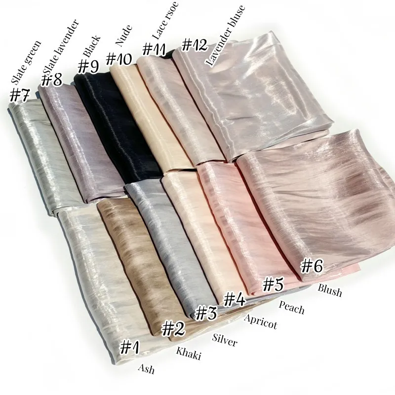 Light Weight Silky Shimmer Hijab Scarf for Muslim Women Plain Shawl Head Wraps Islamic Turban Femme Musulman Shiny Pleated Shawl