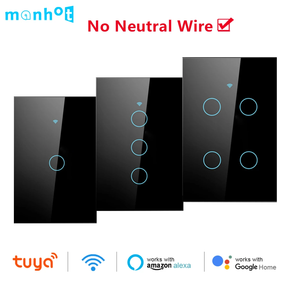 Tuya Smart Life WiFi Interruptor de Luz de Toque, Sem Fio, Remoto, LED, Sem Fio Neutro Necessário, 1-4 Gang, Alexa, Google Home