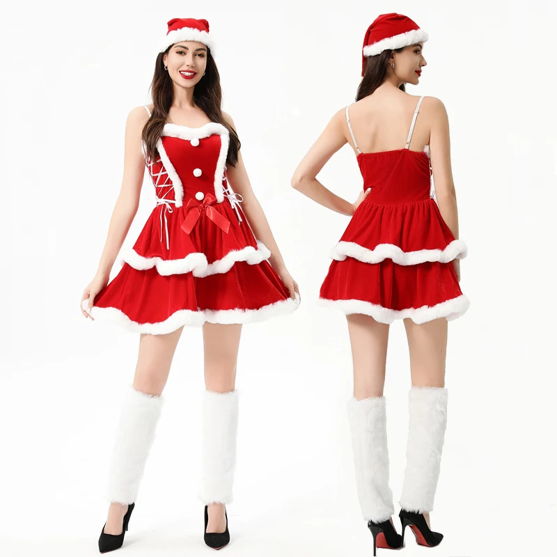 كرنفال عطلة سانتا كلوز لسيدة زي متعددة عيد الميلاد لطيف لوليتا المخملية ثوب تأثيري هالوين فستان حفلة تنكرية