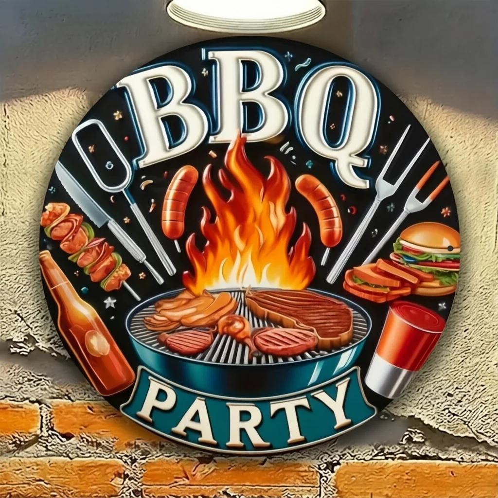 2D Metal Sign, Round BBQ Metal Wall Art, Fire Grill & Utensil Design for Home, Outdoor, Porch, Gift