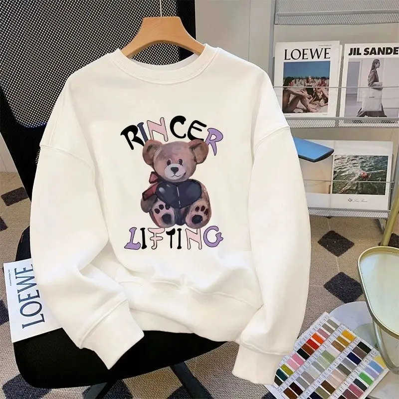 

American Retro Bear Pure Cotton Sweatshirt for Women's Autumn and Winter New Round Neck Loose Cover-up Top
