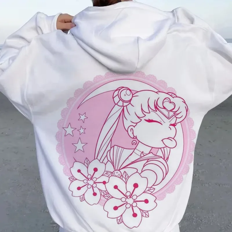 

Новинка 2025 года, милая толстовка с рисунком Сейлор Мун, осень-зима, кавайный розовый свитшот с принтом луны и цветов, свободное повседневное пальто с капюшоном для женщин