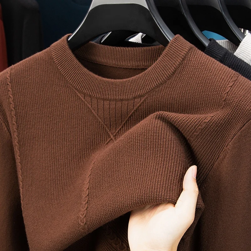 Mens Luxury Knitted Sweater Round Neck Long Sleeve Solid Color Pullover Autumn Winter Fashion Casual Classic Versatile Mens Wear