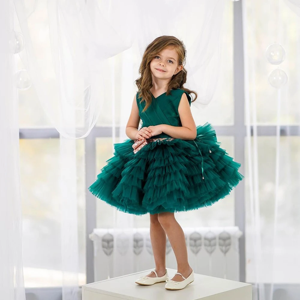 

Stylish Tiered Skirt Emerald Green Girl's Party Dresses Mini Ball Gown Flower Girl Dress Pageant Prom Gowns