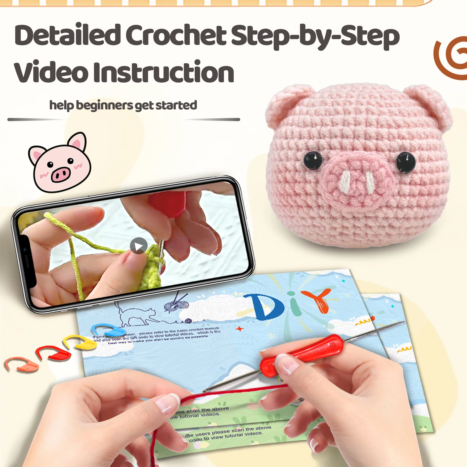 YAMAXIN 1PC Pig Crochet Set for Beginners,Include Step-by-Step Video Tutorials(Accessories In Random Color)