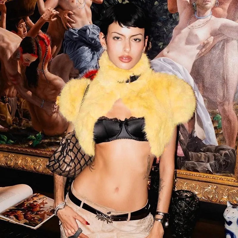 Yomesugar مثير فروي المحاصيل سترة المرأة محب الوقوف طوق أكمام معطف شتاء دافئ ملابس خارجية Coquette منتصف الليل كلوبوير #2