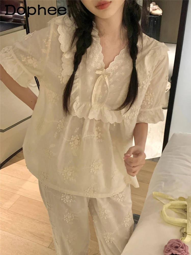 

Summer New Retro Elegant Palace Style Lace Long Sleeve Pajamas Sweet Girl Comfortable Soft Casual Homewear Set
