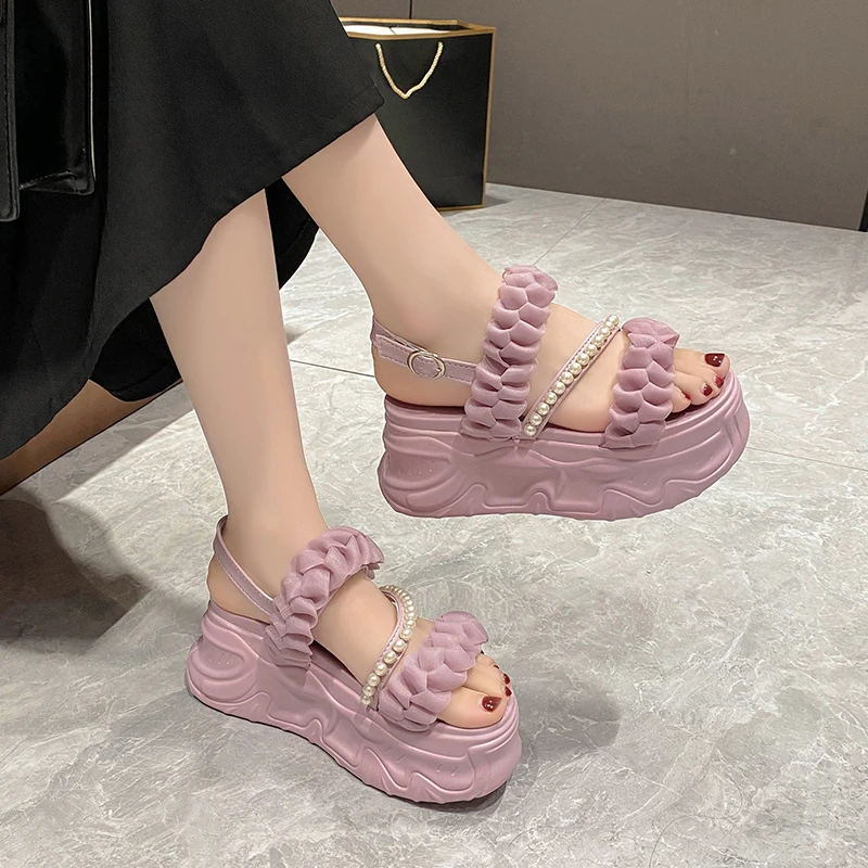 Summer 2023 Casual High Platform Sandals Women Buckle Strap Slippers Thick Bottom Pearl Sandalias Woman Chunky Beach Shoes Mujer