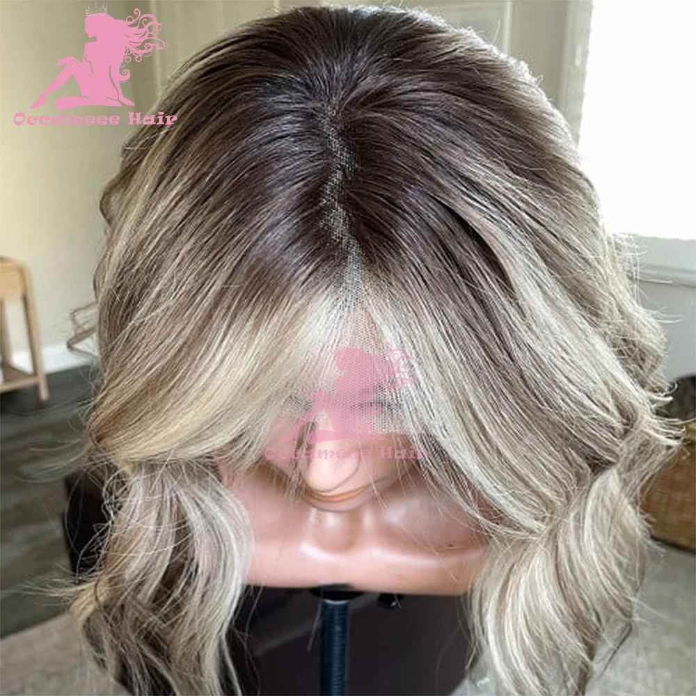 Highlight Human Hair Pruiken Donkere Wortels Bleekmiddel Pretokkelde Blonde 360 Full Lace Frontale Transparante Zwitserse Kanten Pruik Natuurlijk Body Golvend