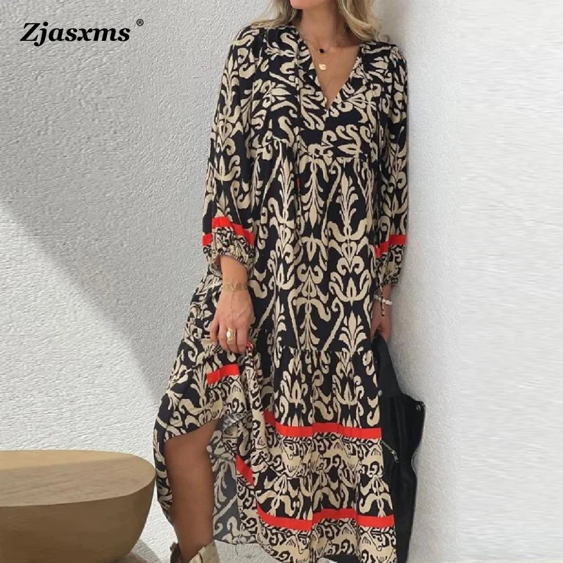 Vintage Lady Pullover Maxi Dress New Autumn Long Sleeve V-Neck Party Dress Fashion Women Casual Pattern Print Loose A Line Dress