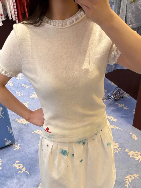 

Shushu Flower One Shanghai Version 26ss Women's Knitted Short Sleeve Overhead Half High Neck Top Soft Linen Fabric Lace Hemline