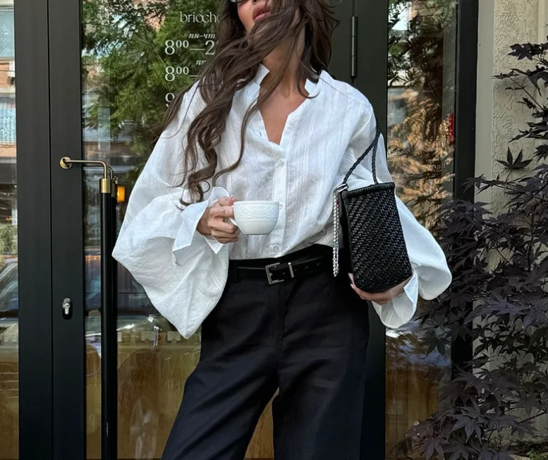 

Loose stand collar lantern sleeves long sleeved shirt for women's top