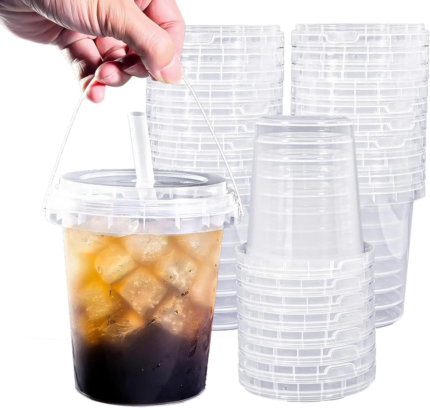 

60 Large 34oz Clear Plastic Cups with Lids and Straws, Disposable for Drinks and Takeouts