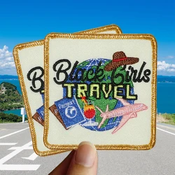 1PC Black Girls Travel Embroidered Patch Iron On Sew On Patches For Clothes Cap Bag Jacket DIY Gift Badge With Hot Adhesive