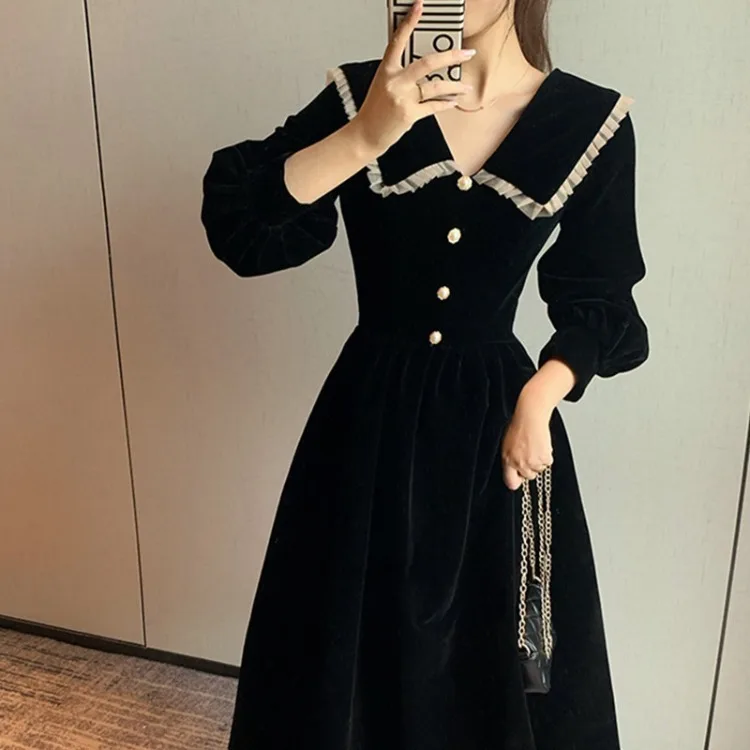 Sweet Vintage Black Peter Pan Collar Dresses Autumn New Slim Waist Dress for Women Y2k E-Girl Long Sleeve Vestidos Mujer