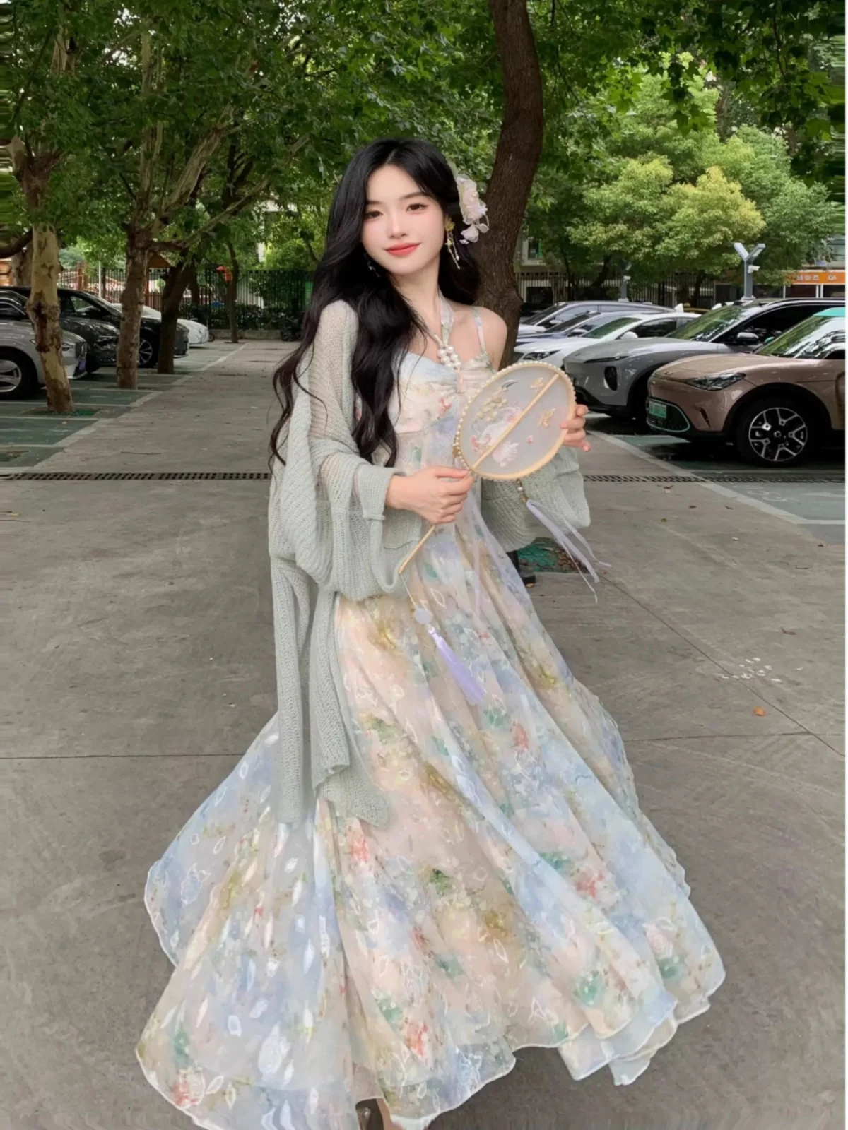 フレンチビーズ花柄シフォンプリントブルーシフォンホルター A ラインドレス女性のためのスリム妖精のような雰囲気ビーチ休暇マキシドレス