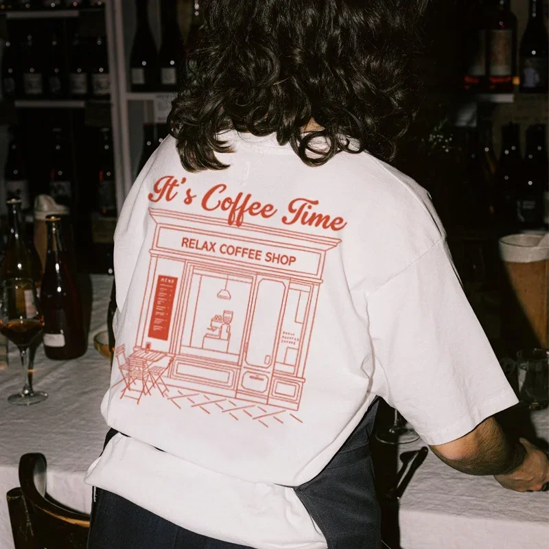 

Coffee Time Retro Style Back Print Women's T-Shirts Vintage Coffee Lover T Shirt Loose Fashion Streetwear Tops Unisex Clothes
