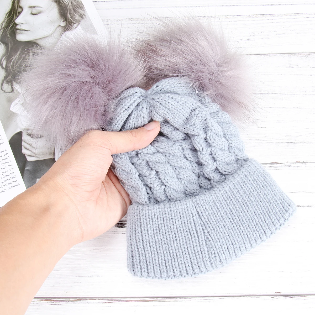 

Twist Knitted for Kids Warm Baby Winter European American Hairball Beanie Hats Knit Cap Soft Premium Material Double Design