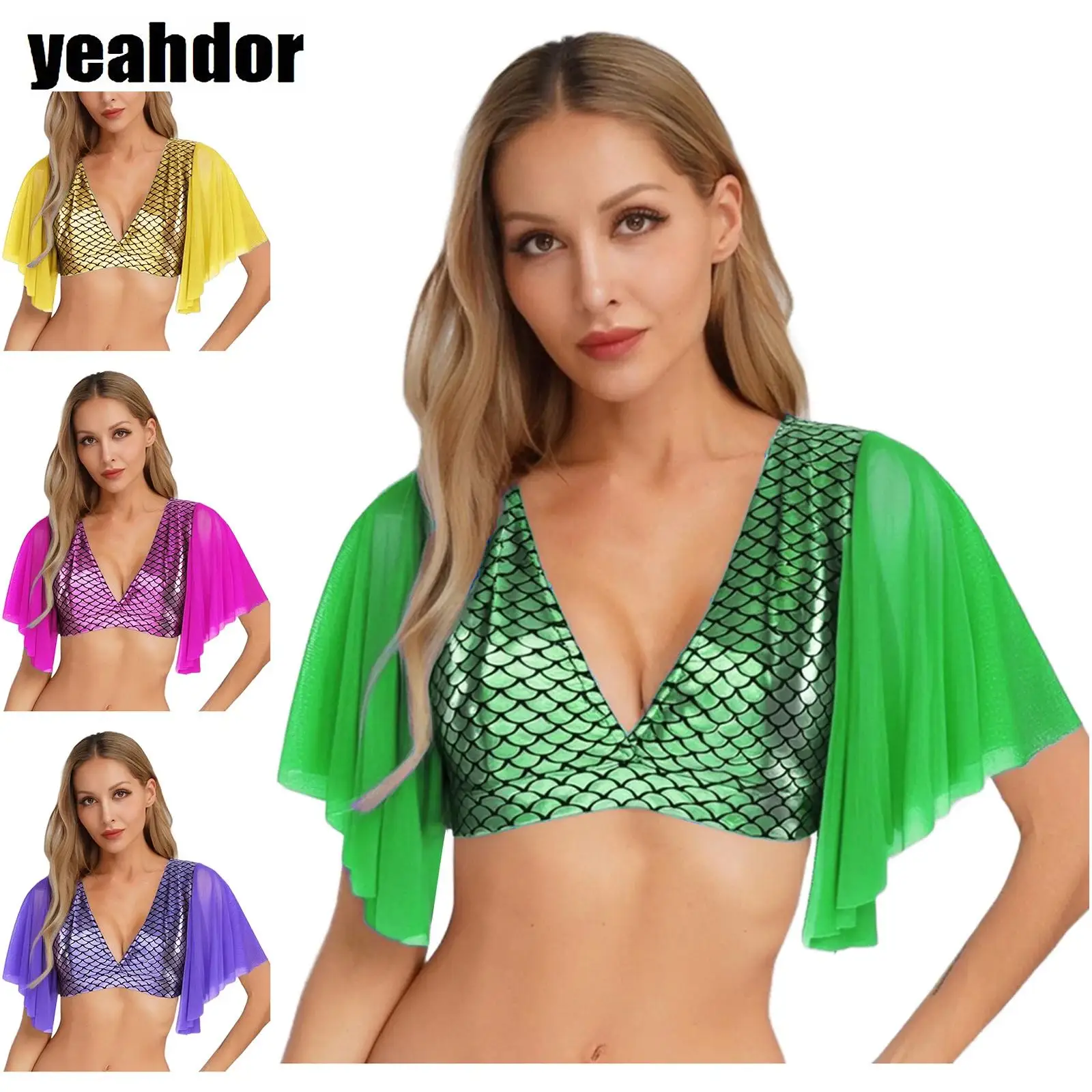 

Women Mermaid Costume Metallic Shiny Fish Scale Print Tank Top Camisole V Neck Mesh Short Sleeve Crop T-shirt Halloween Cosplay