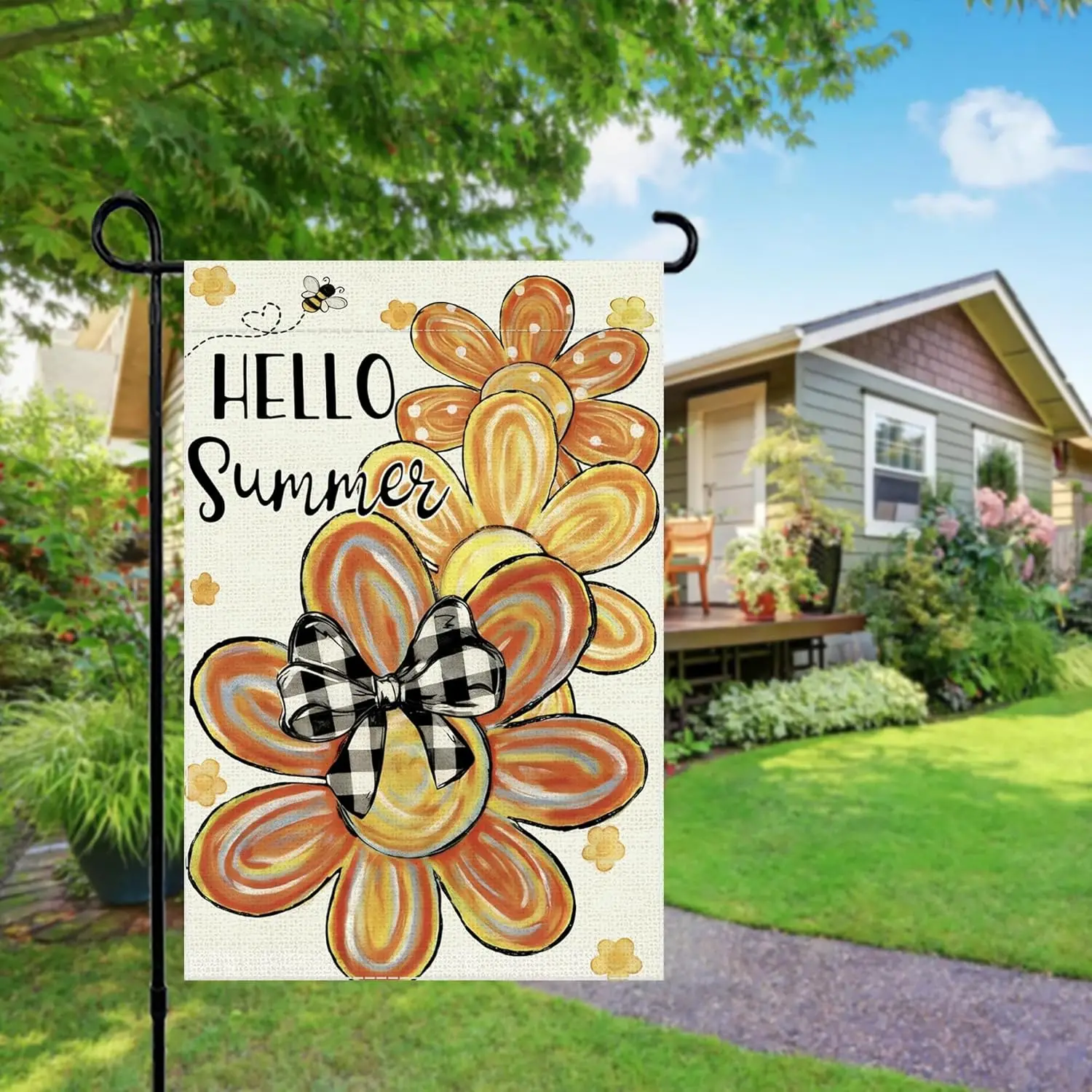 Hello Summer Garden Flag Floral Welcome Small Flags for Outside, 12x18 Inch Flower Double Sided Burlap Seasonal Outdoor Yard AAS