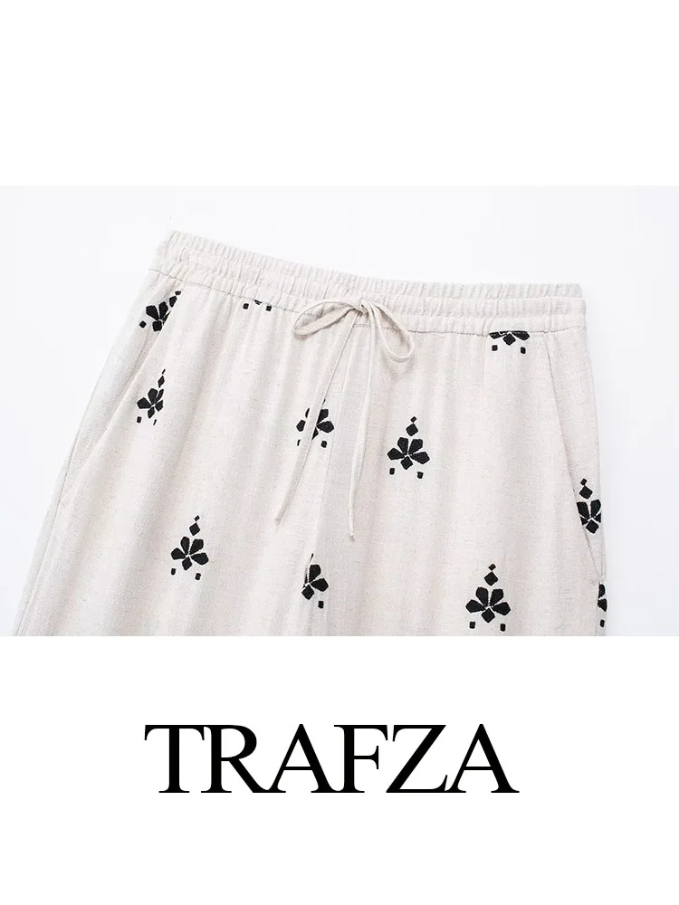 TRAFZA-Calças de Bordado Feminino, Cintura Alta, Solto, Longo, Chique, Bolsos com Renda, Casual, Perna Larga, Rua, TRAF, 2022