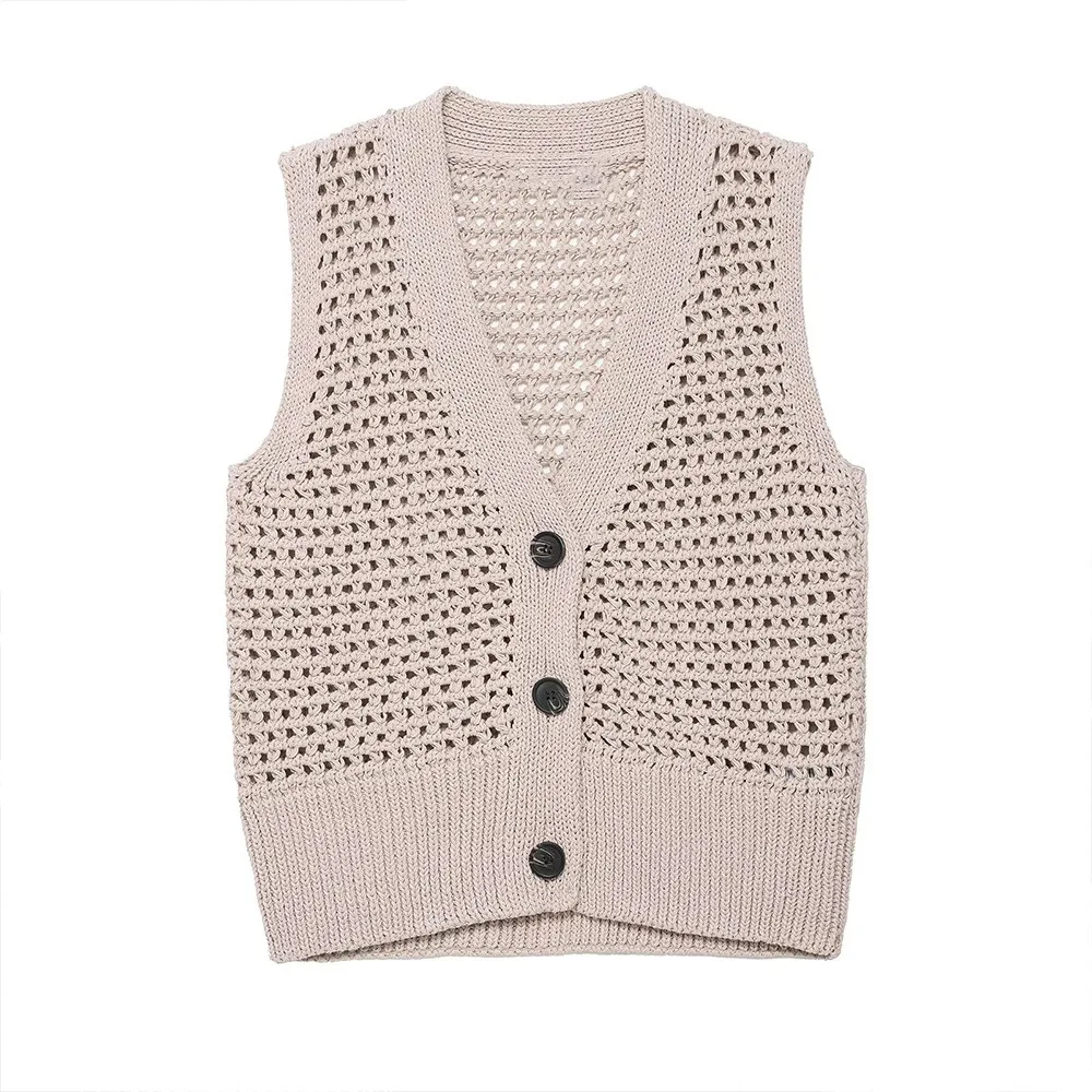

Woman's Knitted Cardigan V-neck Slim Sleeveless Solid Color Single-breasted Elastic Hem Cropped Top Versatile Early New Top