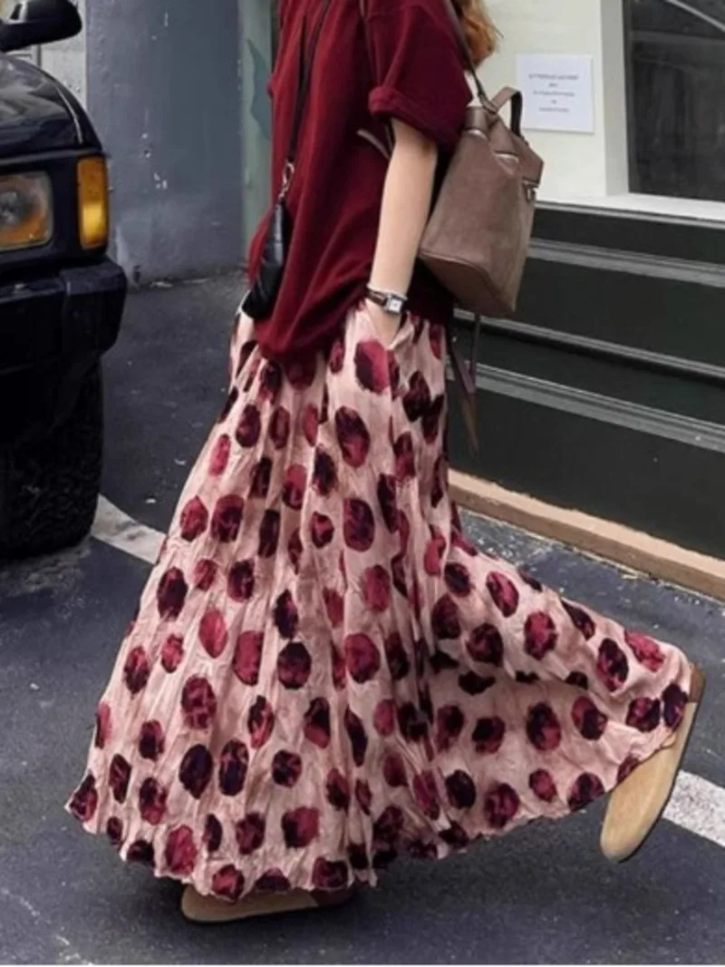 

Elegant Green Dot Skirt Women Vintage High Waisted Holiday Beach Skirt A Line Skinny Print Tie Dye Pretty Style Skirt 98S3