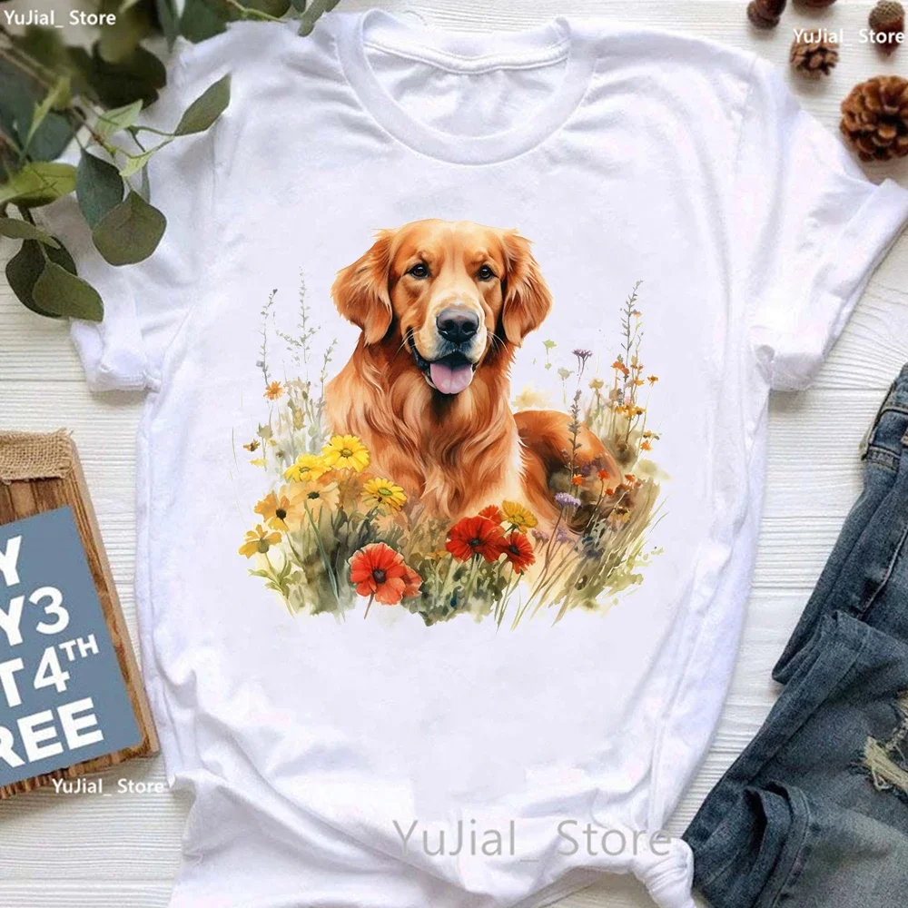 Golden Retriever Hunting Dogs Animal Printed T Shirt For Girls Australian Shepherd Dog With Flower Tshirt Women Harajuku Shirt